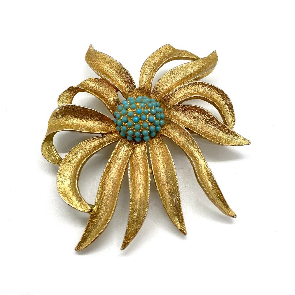 Glorious Vintage Hobe Flower Brooch with Faux Turq